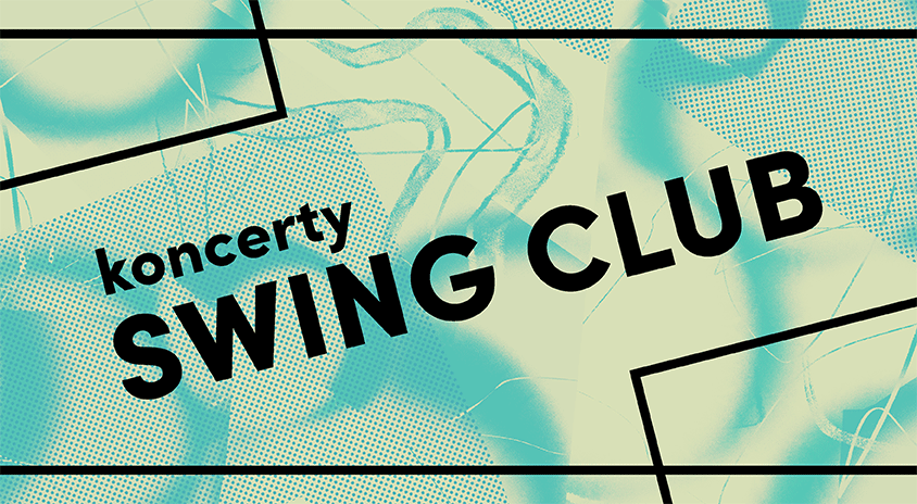 Plakat reklamujący koncert Swing Club. Czarny napis z kolorowym tłem
