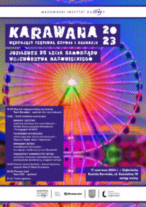 Plakat zapowiadający Wędrujący Festiwal Sztuki i Animacji Karawana 2023 w Dąbrówce - zapowiedź dat i programu.