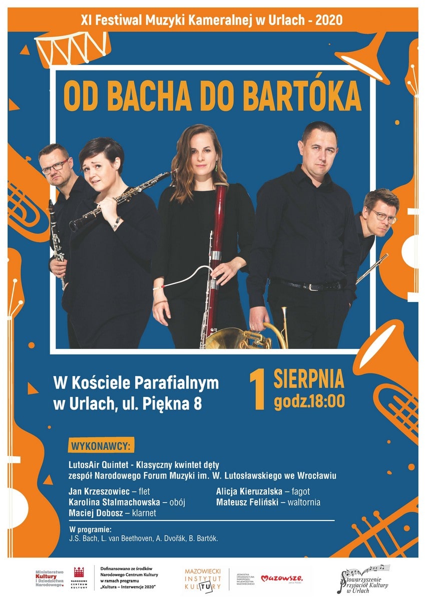 plakat koncertu, pięcioro muzyków w tym dwie kobiety, w rękach trzymają instrumenty