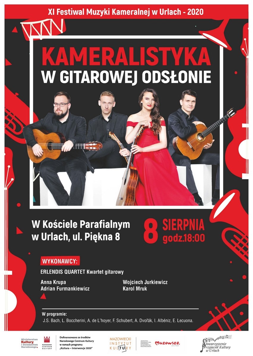 plakat koncertu, czworo muzyków w tym kobieta w czerwonej sukni, trzymają w rękach instrumenty
