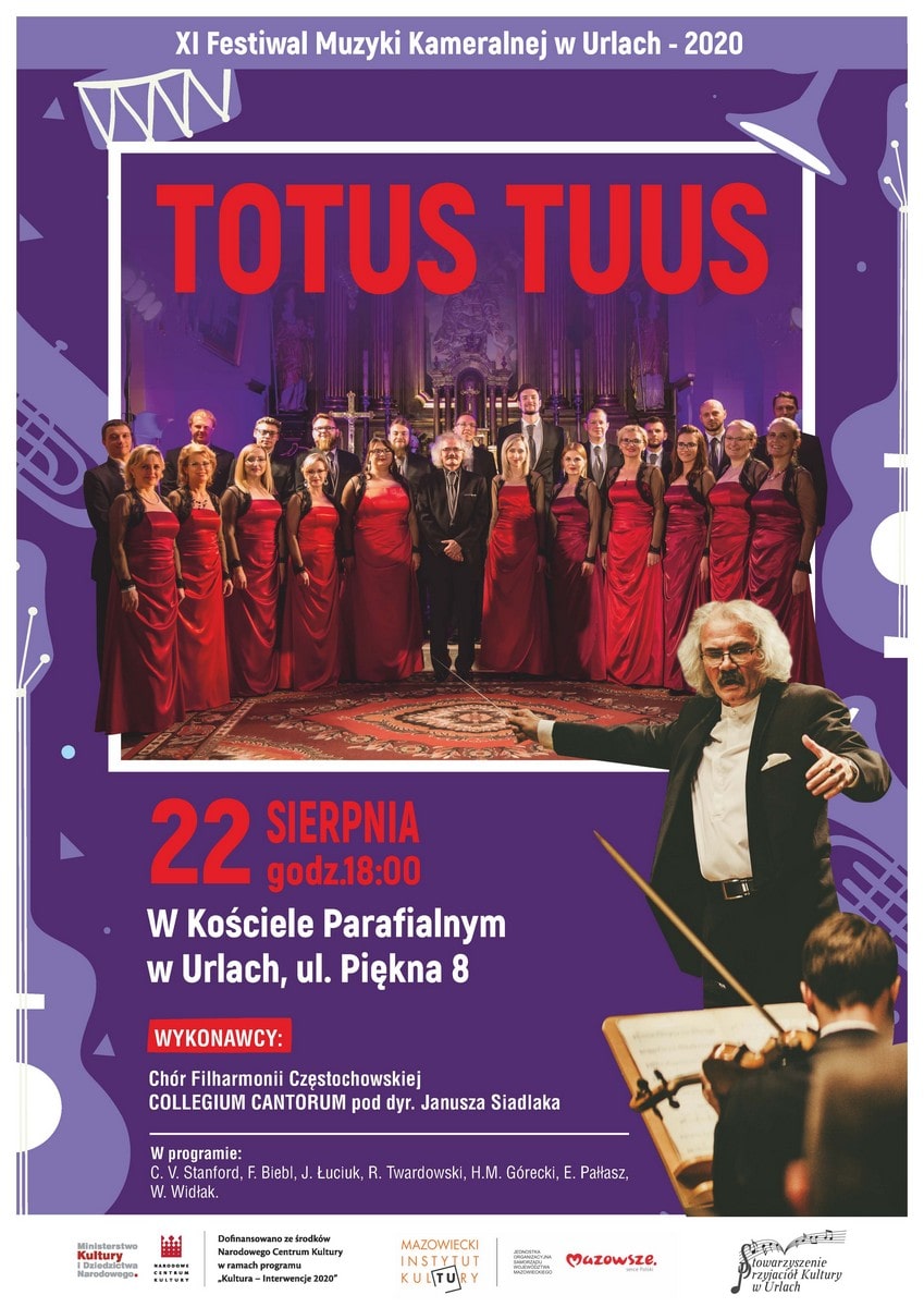 plakat koncertu, kilkanaście osób, członków chóru, oraz zdjęcie dyrygenta