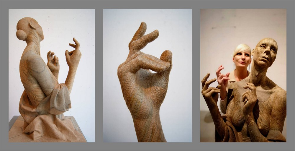 trzy zdjęcia, od lewej: rzeźba kobiety, dłoń, rzeźba kobiety, a za nią Aleksandra Mazurkiewicz