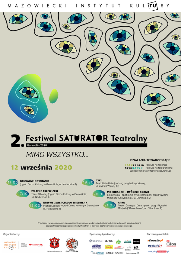 program festiwalu na tle kompozycja abstrakcyjna z powtarzającym się rysunkiem ludzkiego oka