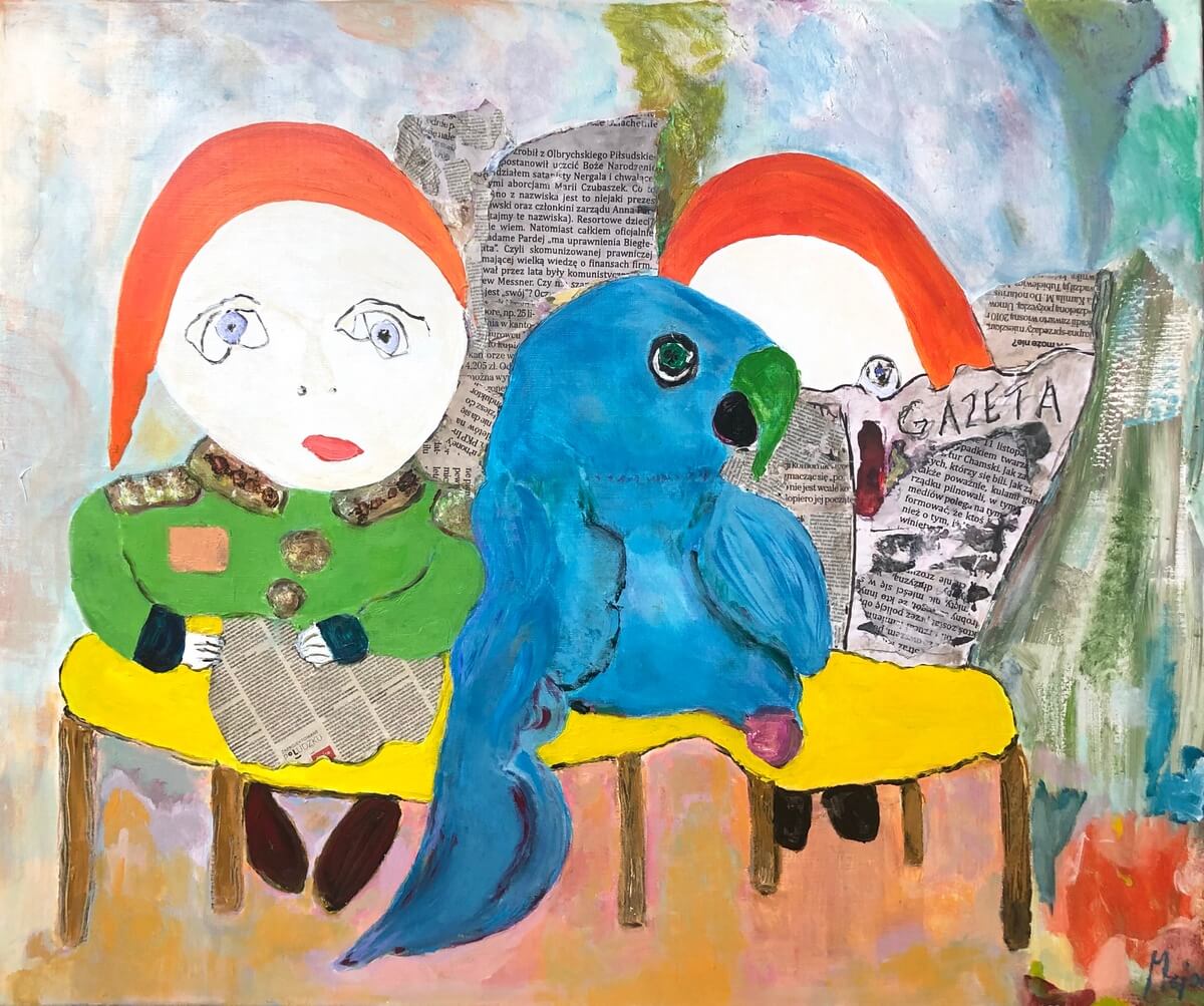 kolorowy rysunek postaci ludzkiej i niebieskiej papugi