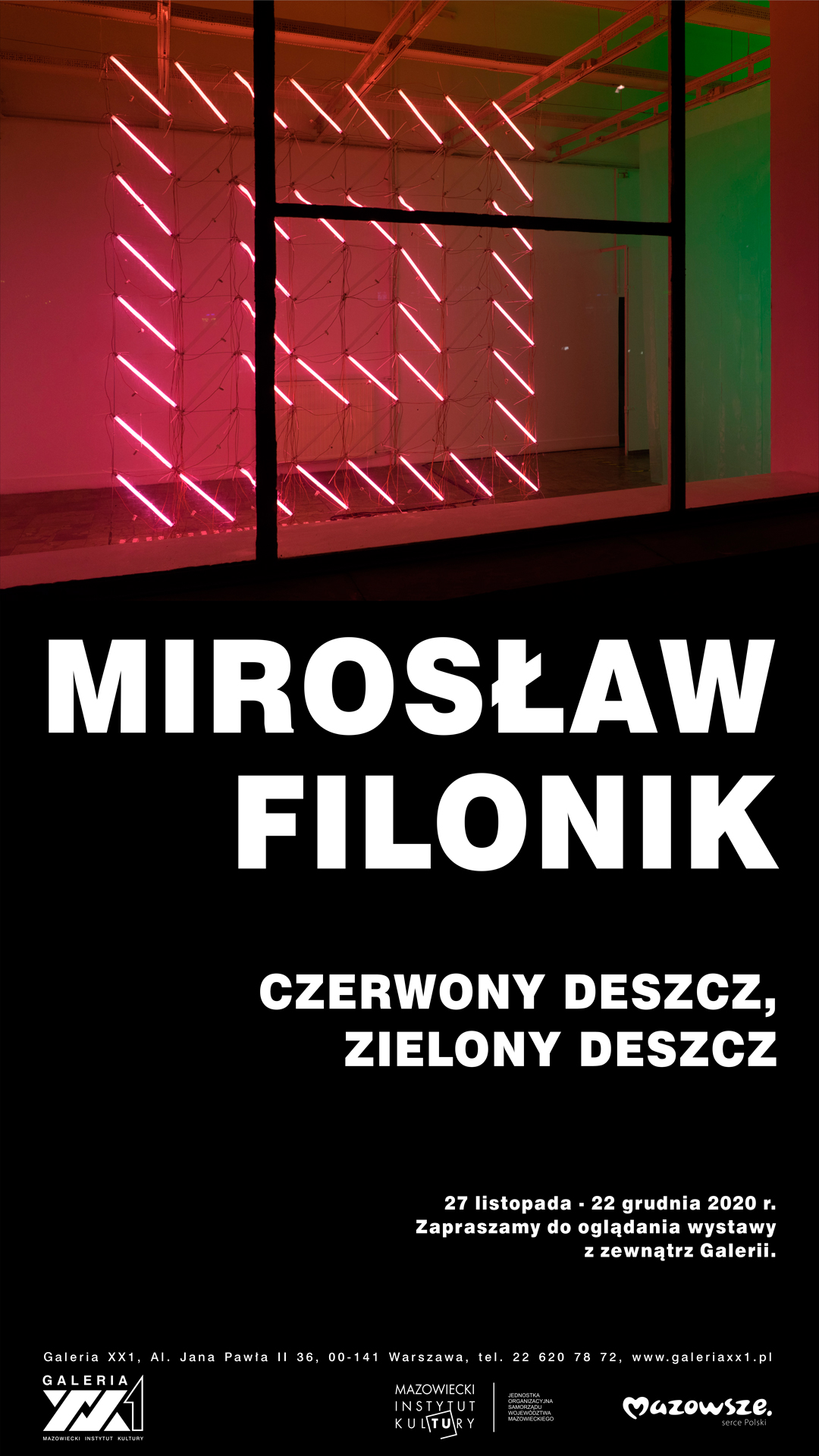 fotografia ściany ze świetlówkami w kolorze czerwonym z napisem mirosław filonik