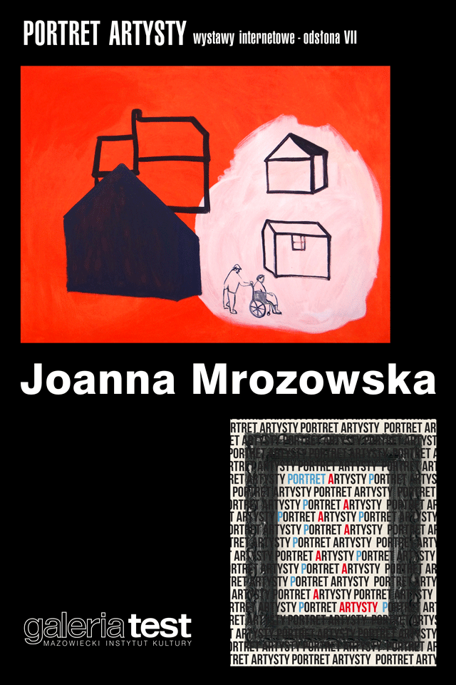 plansza z dwoma plakatami. uproszczony rysunek trzech budynków na czerwonym tle oraz plakat cyklu portret artysty - napis i czarna rama