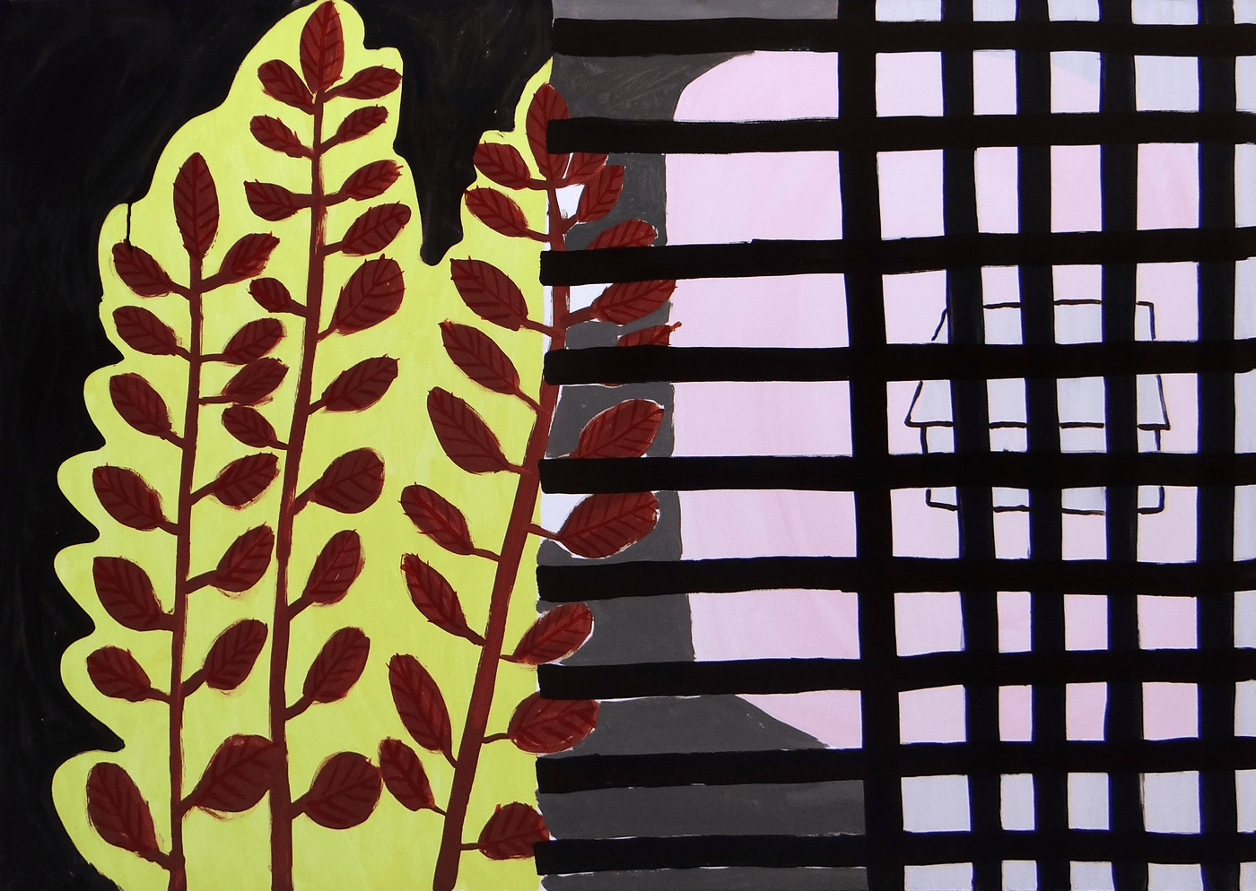 obraz. uproszczony wizerunek rośliny i krat w oknie