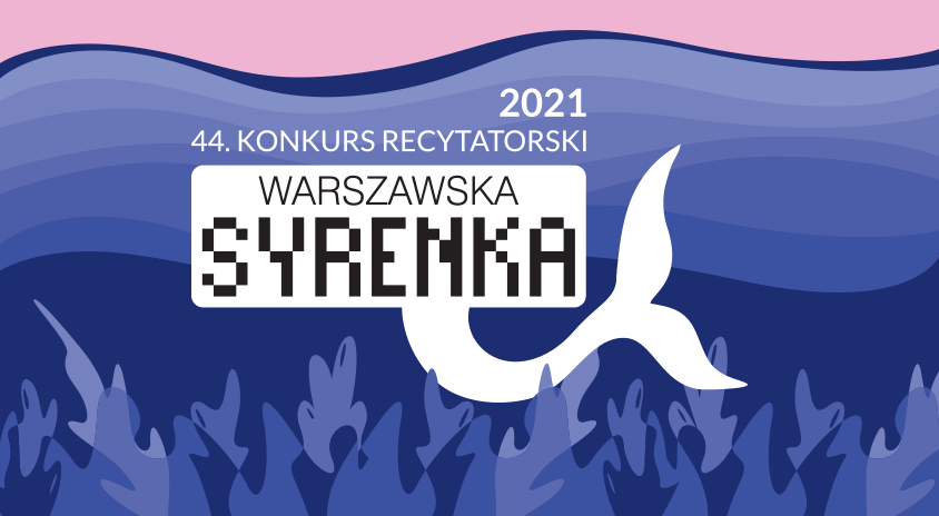 grafika: na ciemnoniebieskim tle napis Warszawska Syrenka, wpisany w prostokąt z rybim ogonem