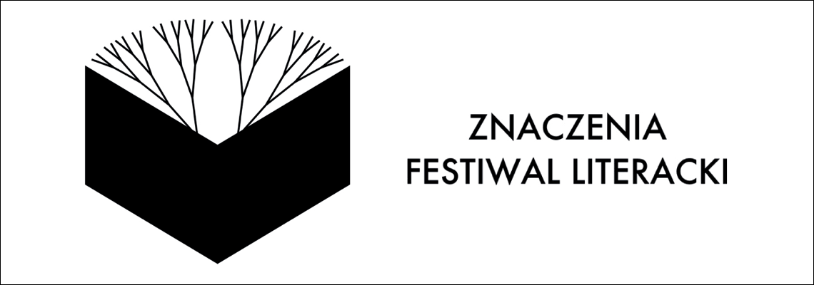 grafika: biała plansza z czarnym rysunkiem książki z której wyrastają gałęzie drzewa napis festiwal literacki znaczenia