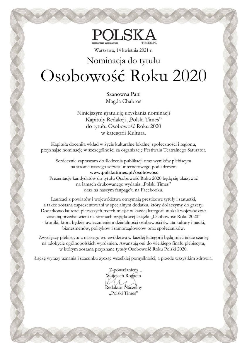 grafika: dyplom z tekstem: magdalena chabros nominacja do tytułu osobowość roku 2020