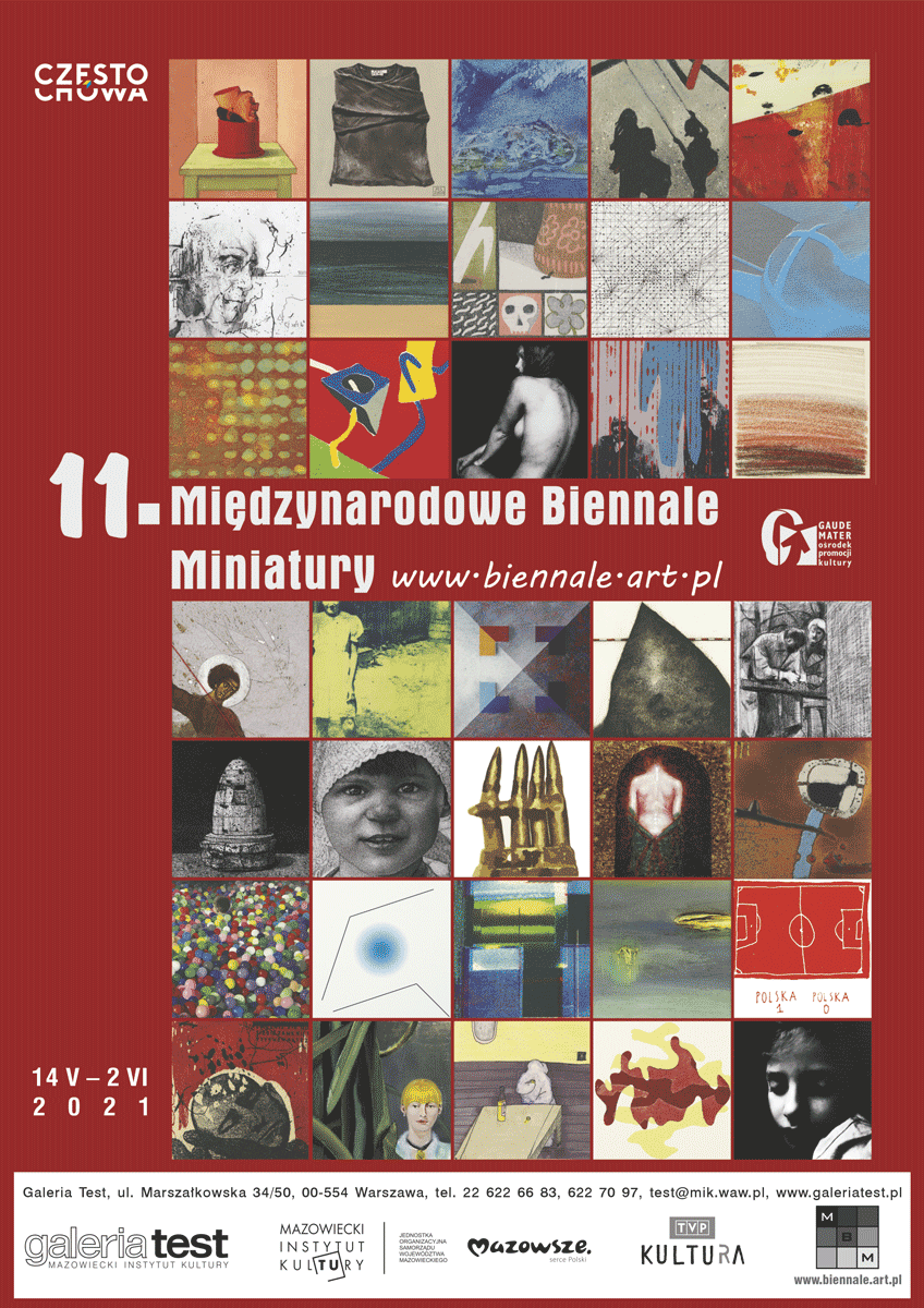 plakat wystawy: kilkadziesiąt miniatur prac graficznych i napis Wystawa pokonkursowa 11. Międzynarodowego Biennale Miniatury Częstochowa 2020