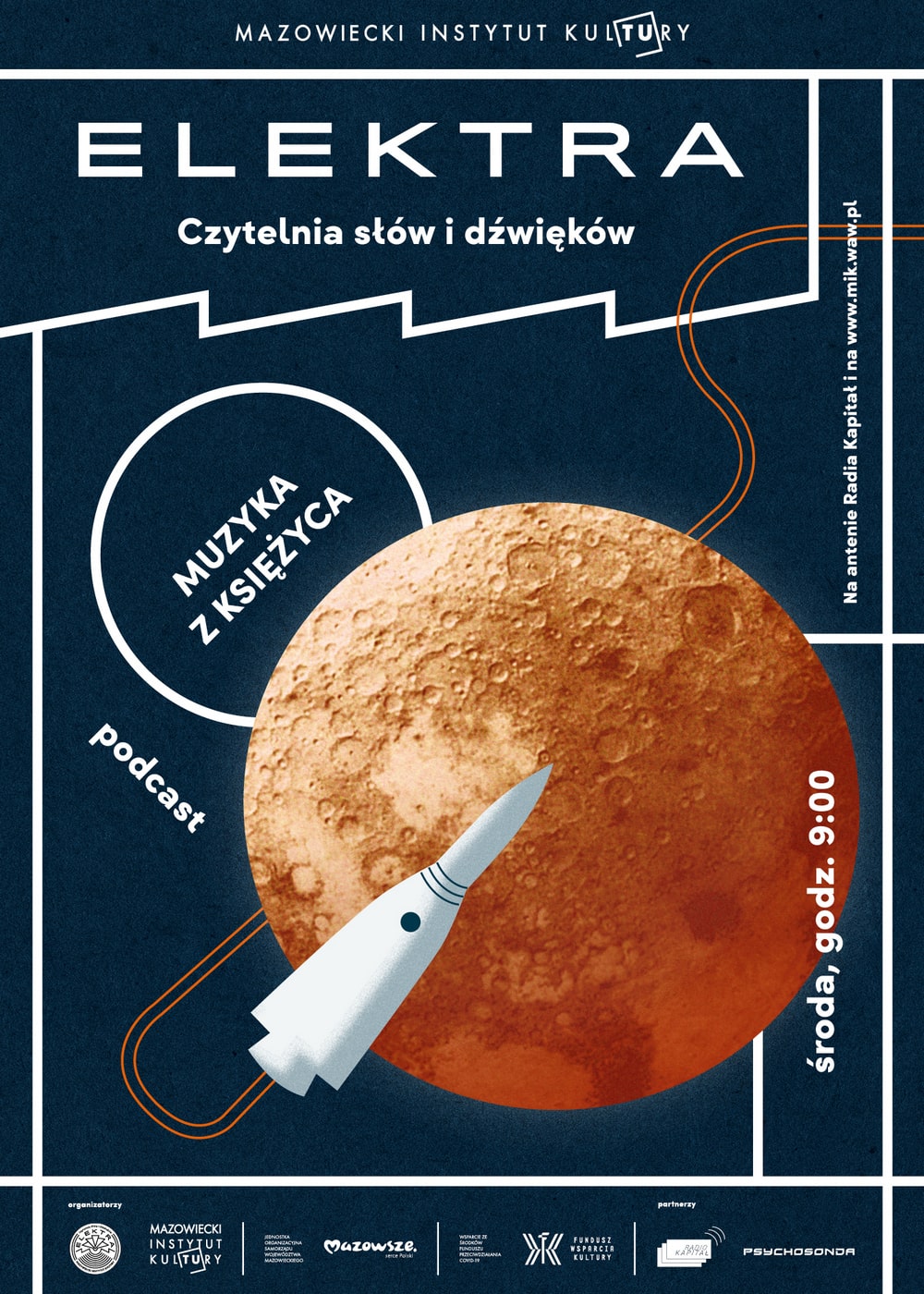 grafika: na ciemnym tle rysunek księżyca i rakiety kosmicznej. napis muzyka z księżyca