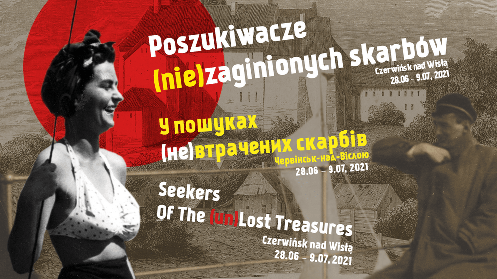 grafika: stare zdjęcie kobiety w kostiumie kąpielowym, napis Poszukiwacze (nie)zaginionych skarbów w języku polskim, angielskim i rosyjskim