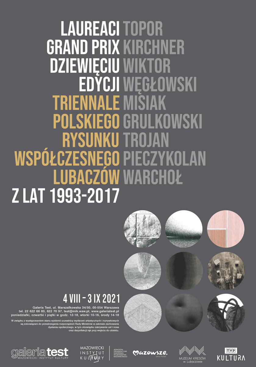 plakat wystawy: na szarym tle kółka z fragmentami prac i napis Dziewięć edycji triennale polskiego rysunku