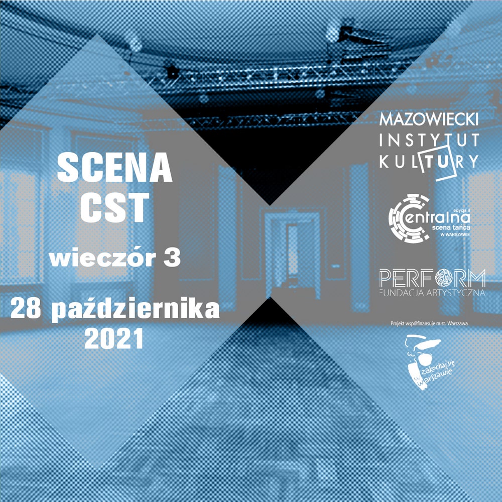 grafika: na tle fotografii w kolorze sino niebieskim przedstawiające salę teatralną umieszczono napis Scena cst wieczór 3