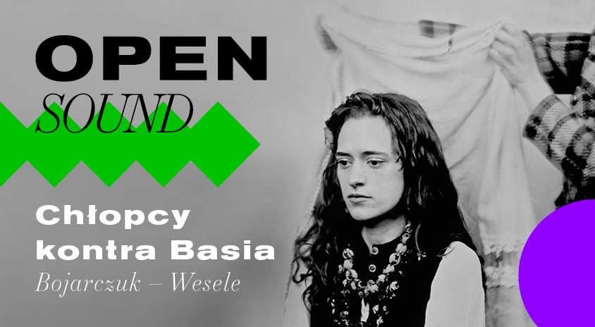 grafika: fotografia czarno biała siedzącej kobiety w stroju ludowym, napis chłopcy kontra basia