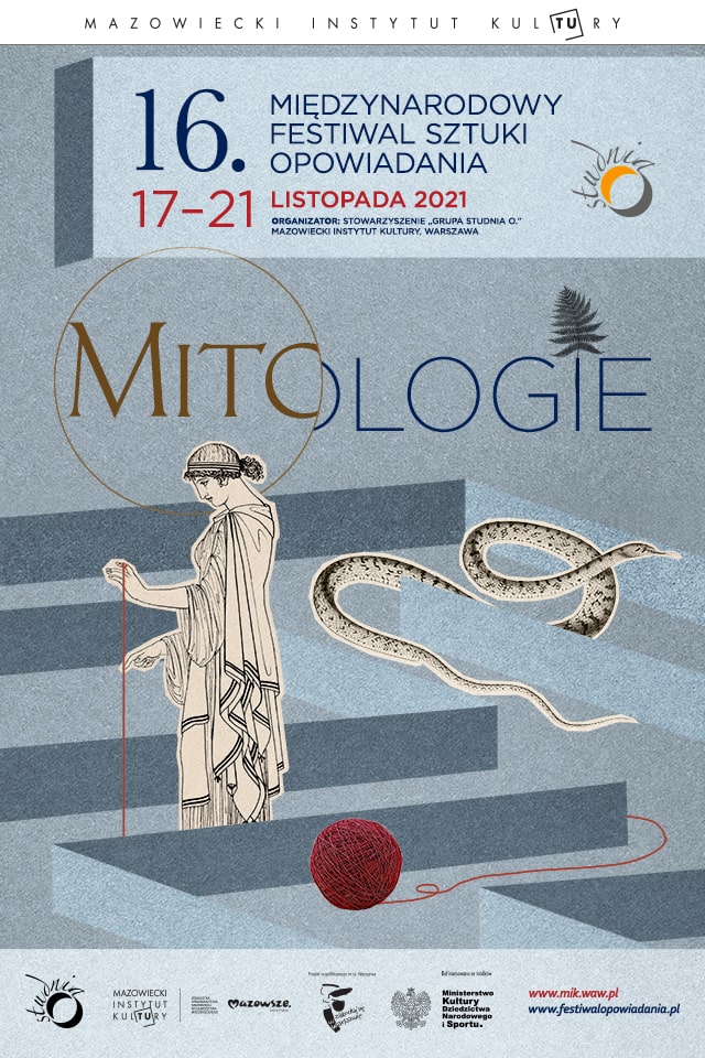 plakat: grafika na tle labiryntu stoi postać w greckim stroju oraz wąż