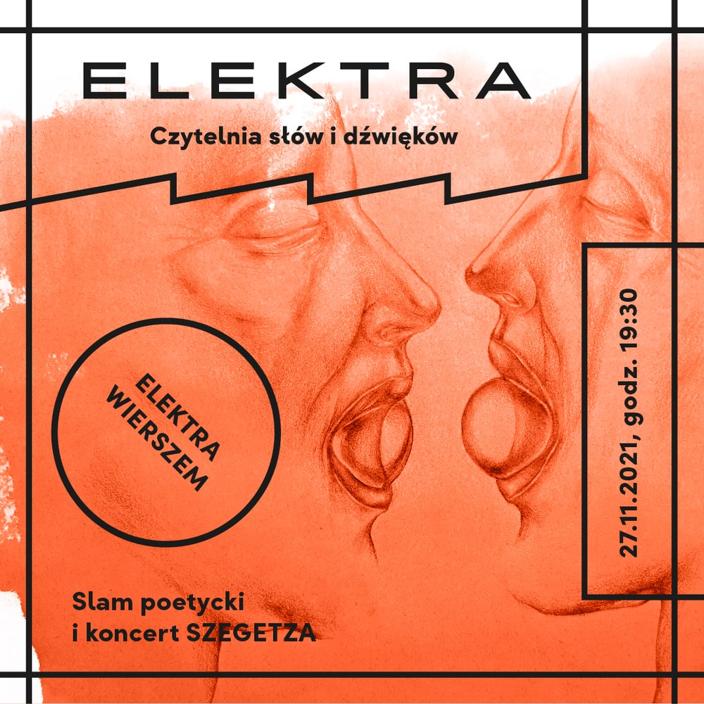 grafika: na pomaranczowym tle napis elektra wierszem