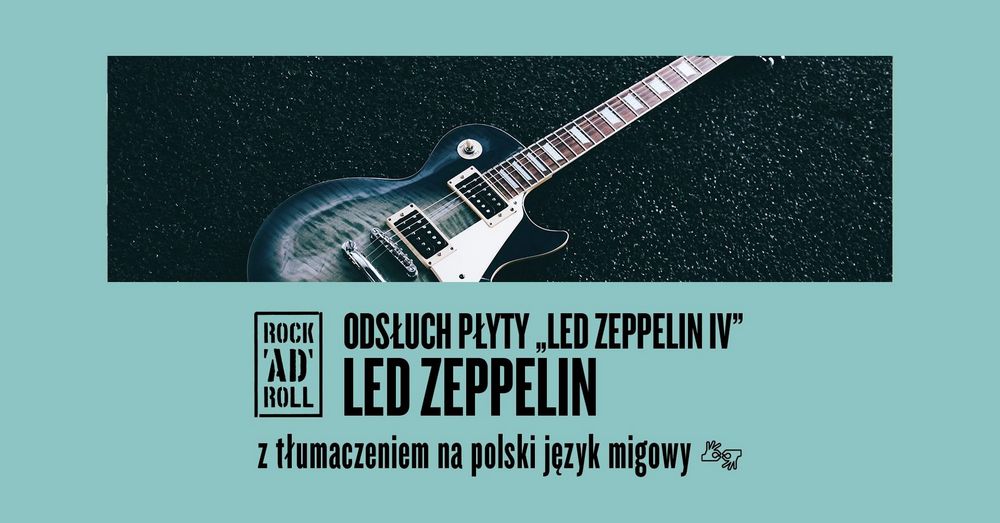 grafika: na seledynowym tle zdjęcie gitary i napis led zeppelin