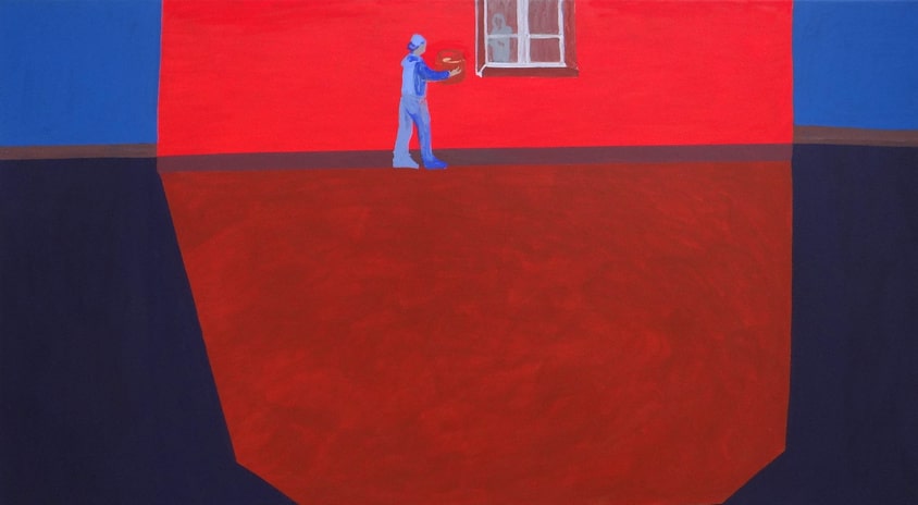 reprodukcja: fragment obrazu, przedstawiający czerwoną ścianę domu, okno i postać ludzką niosącą przed sobą torbę