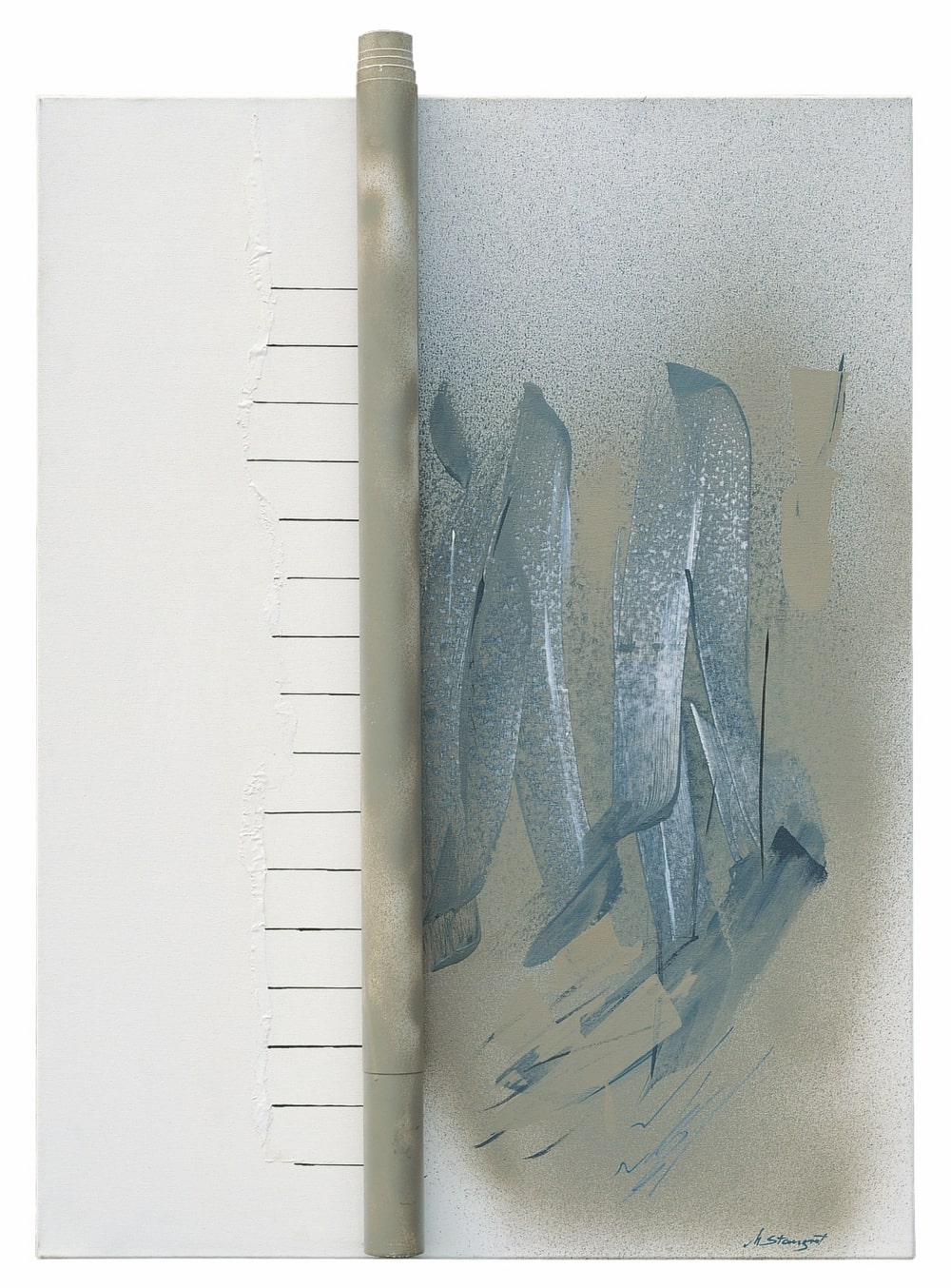 reprodukcja: obraz abstakcyjny, przedstawia pionowy akcent i szare podłużne plamy