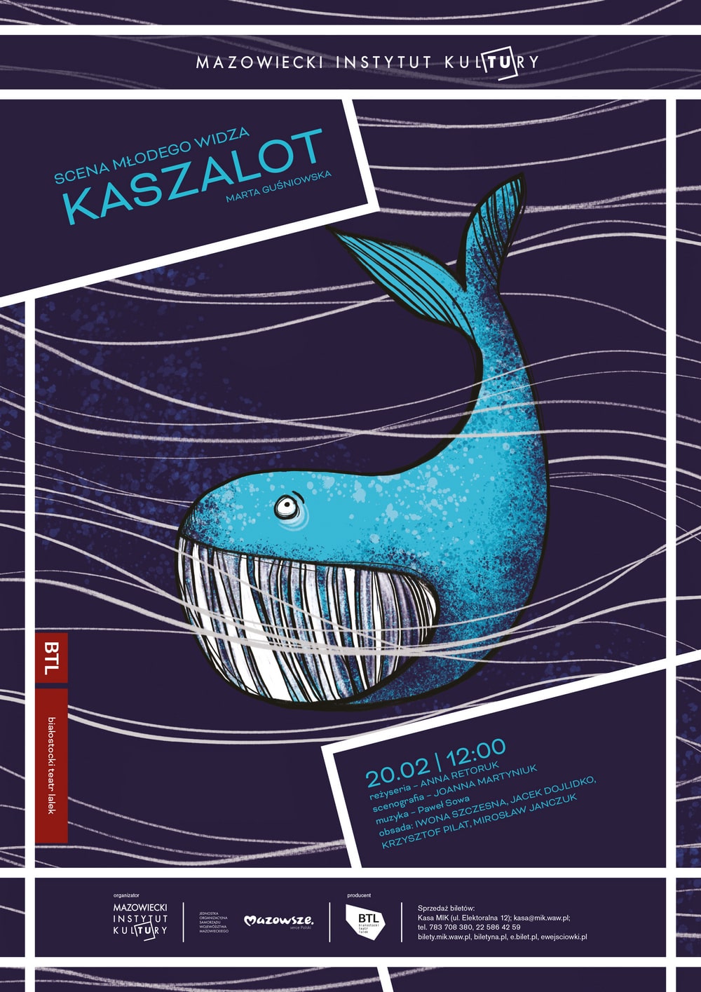 plakat: grafika przedstawiająca niebieskiego wieloryba