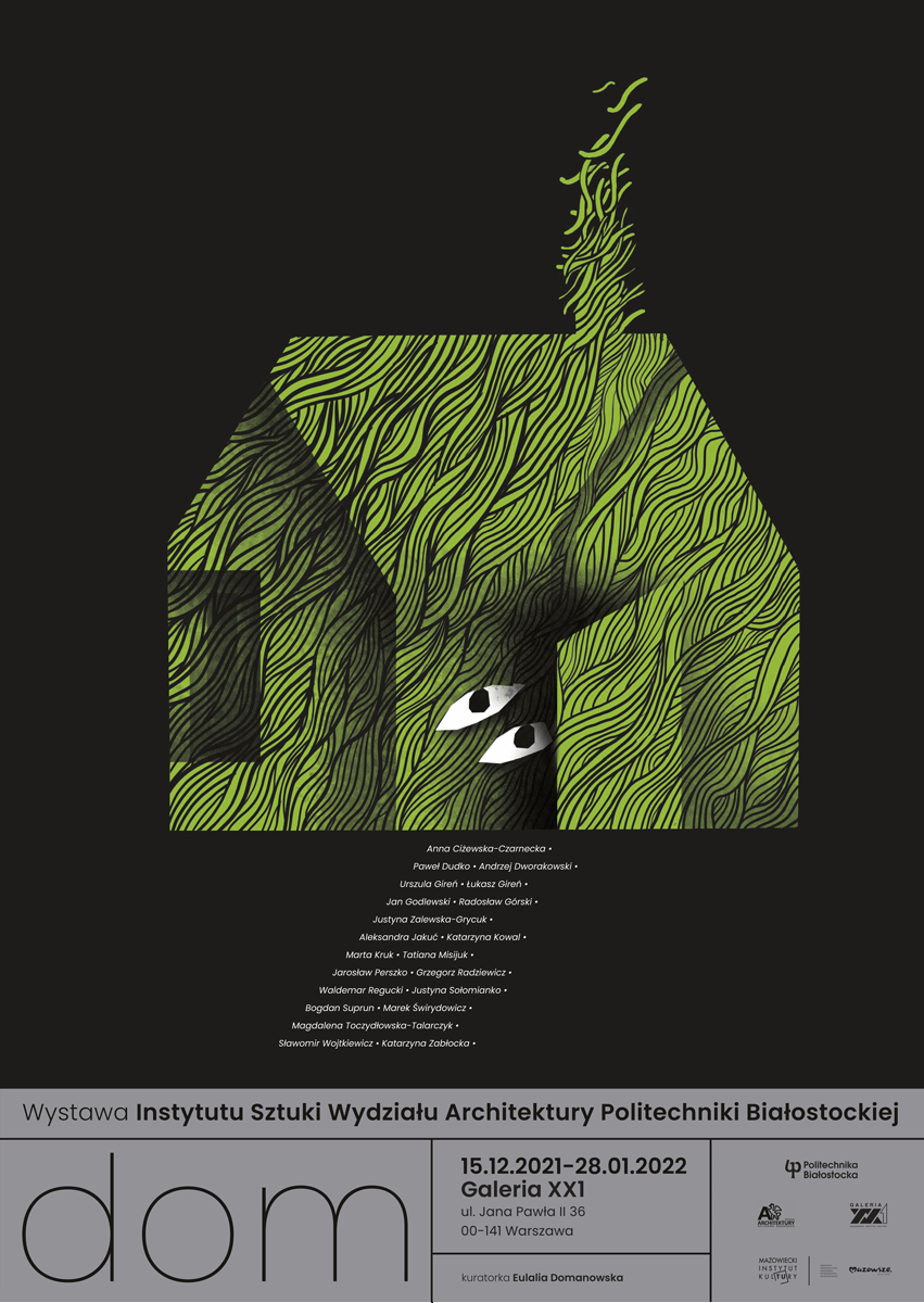afisz: na czarnym tle zielona bryła przypominająca dom
