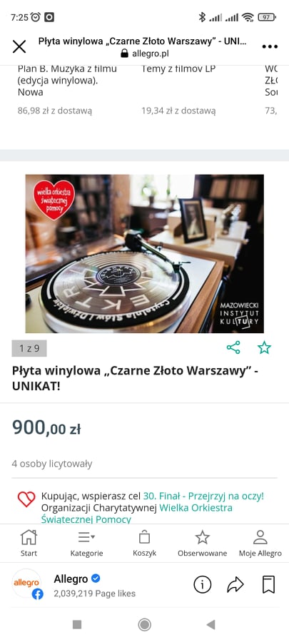 zrzut ekranu telefonu z widokiem aukcji internetowej płyty winylowej na allegro