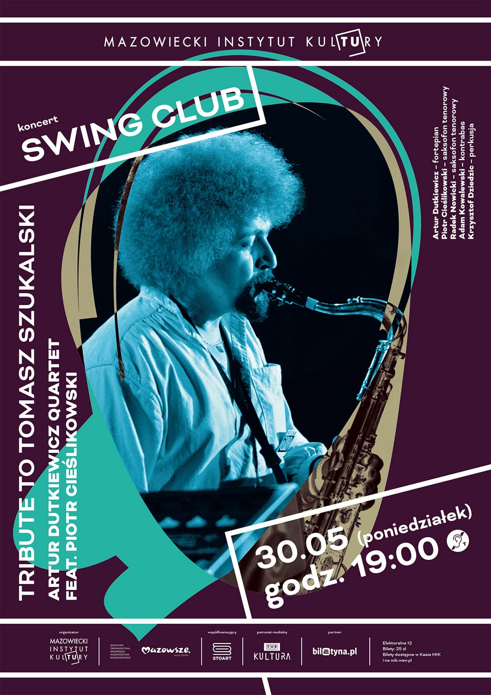 plakat: na zdjęciu tomasz szukalski grający na saksofonie