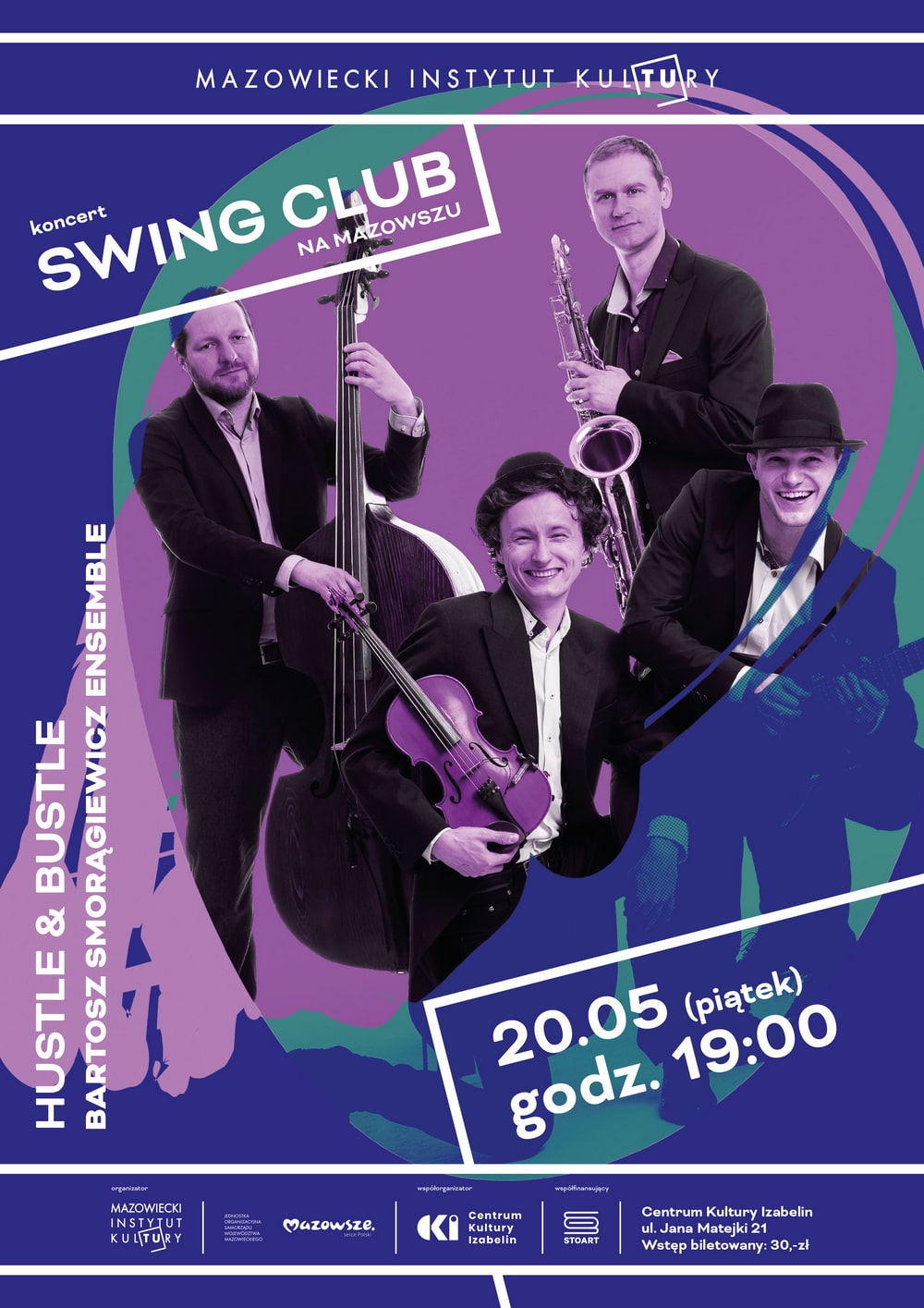 grafika: plakat ze zdjęciem czterech muzyków z instrumentami