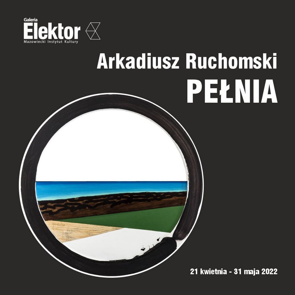 grafika: na czarnym tle złoty okrąg wewnątrz kompozycja barwna, pozioma oraz tytuł wystawy