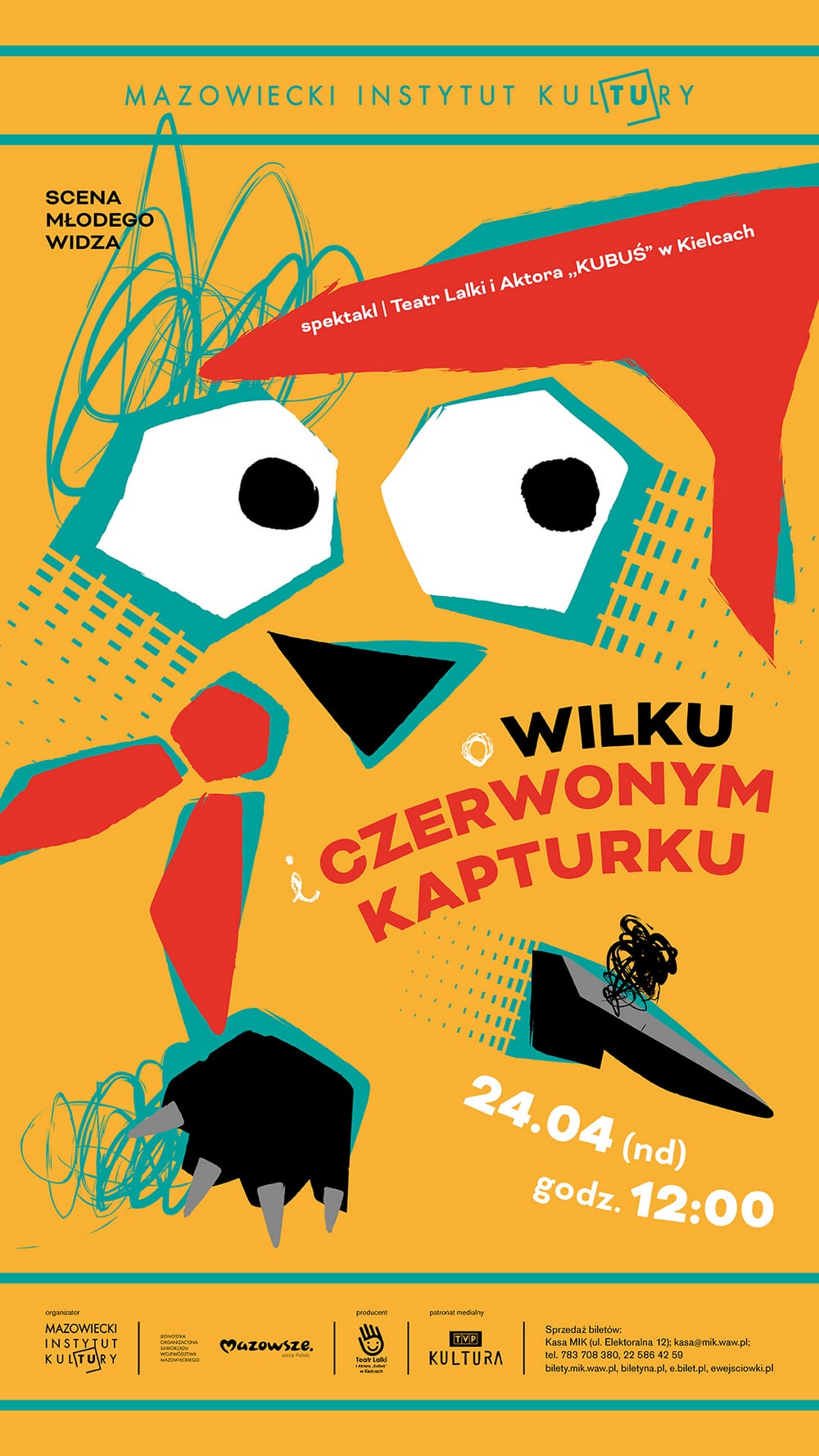 plakat: grafika, na żółtym tle czerwone, seledynowe i białe elementy graficzne razem składające się na obraz twarzy