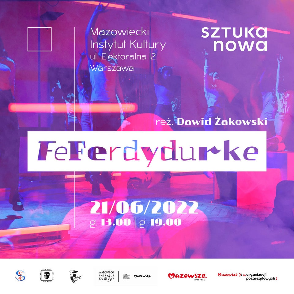 grafika: na tle zdjęcia w kolorze fioletowym napis feferdydurke