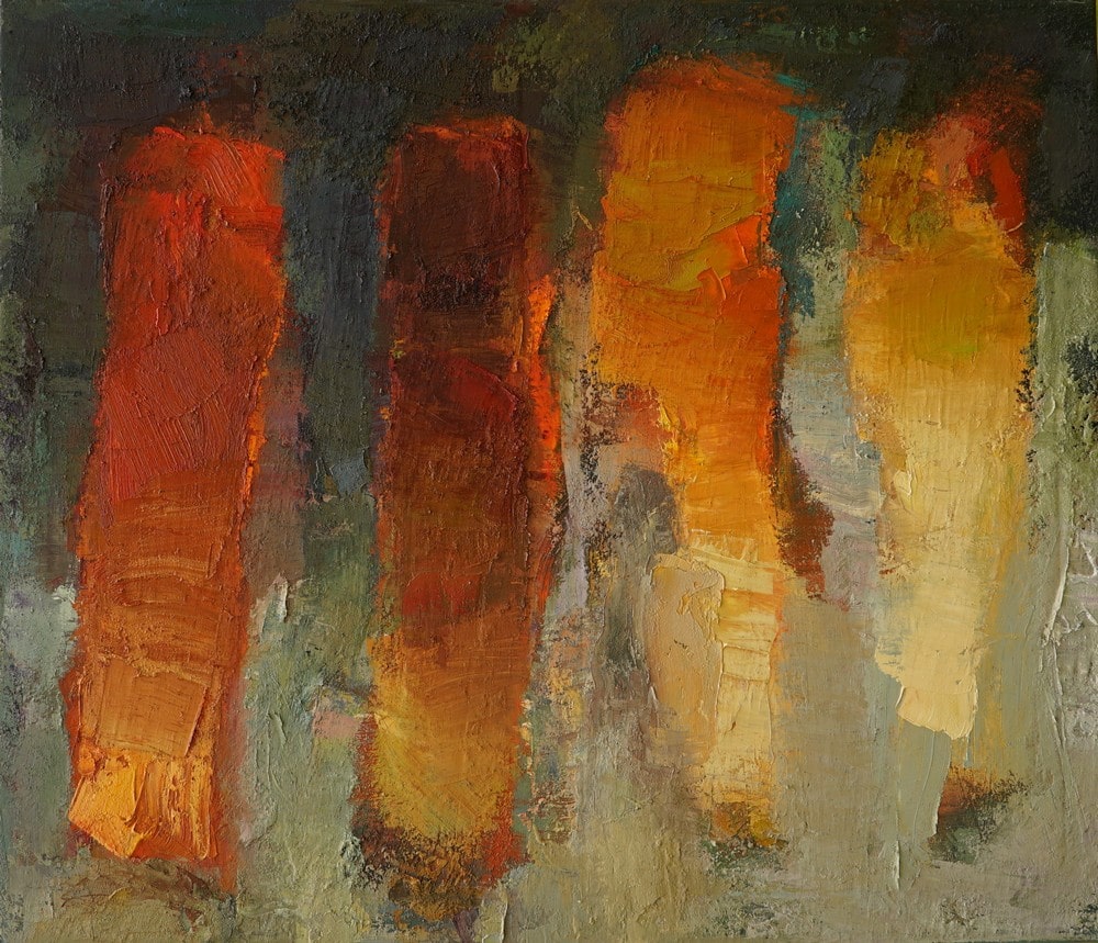obraz abstrakcyjny, na ciemnym tle cztery pionowe pasy w kolorze brązu i czerwieni