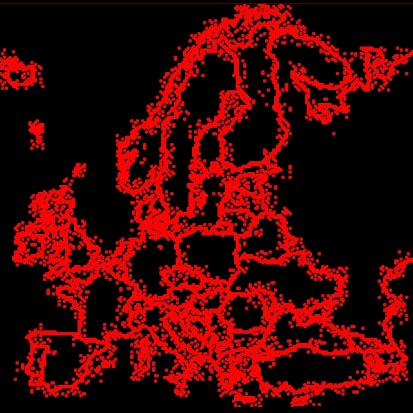 grafika: na czarnym tle rysunek granic państw europy oznaczonych czerwonymi kropkami