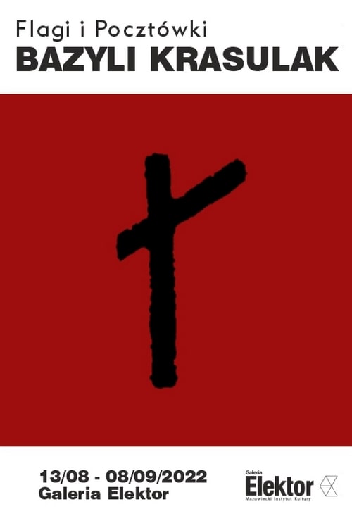 grafika: na ciemnoczerwonym tle czarne kreski przypominające krzyż z ukośnym ramieniem