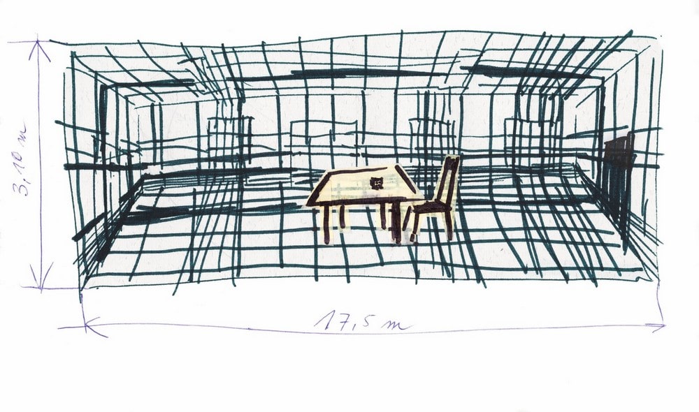 reprodukcja: uproszczony rysunek przedstawiający wnętrze pomieszczenia ze stołem i krzesłem