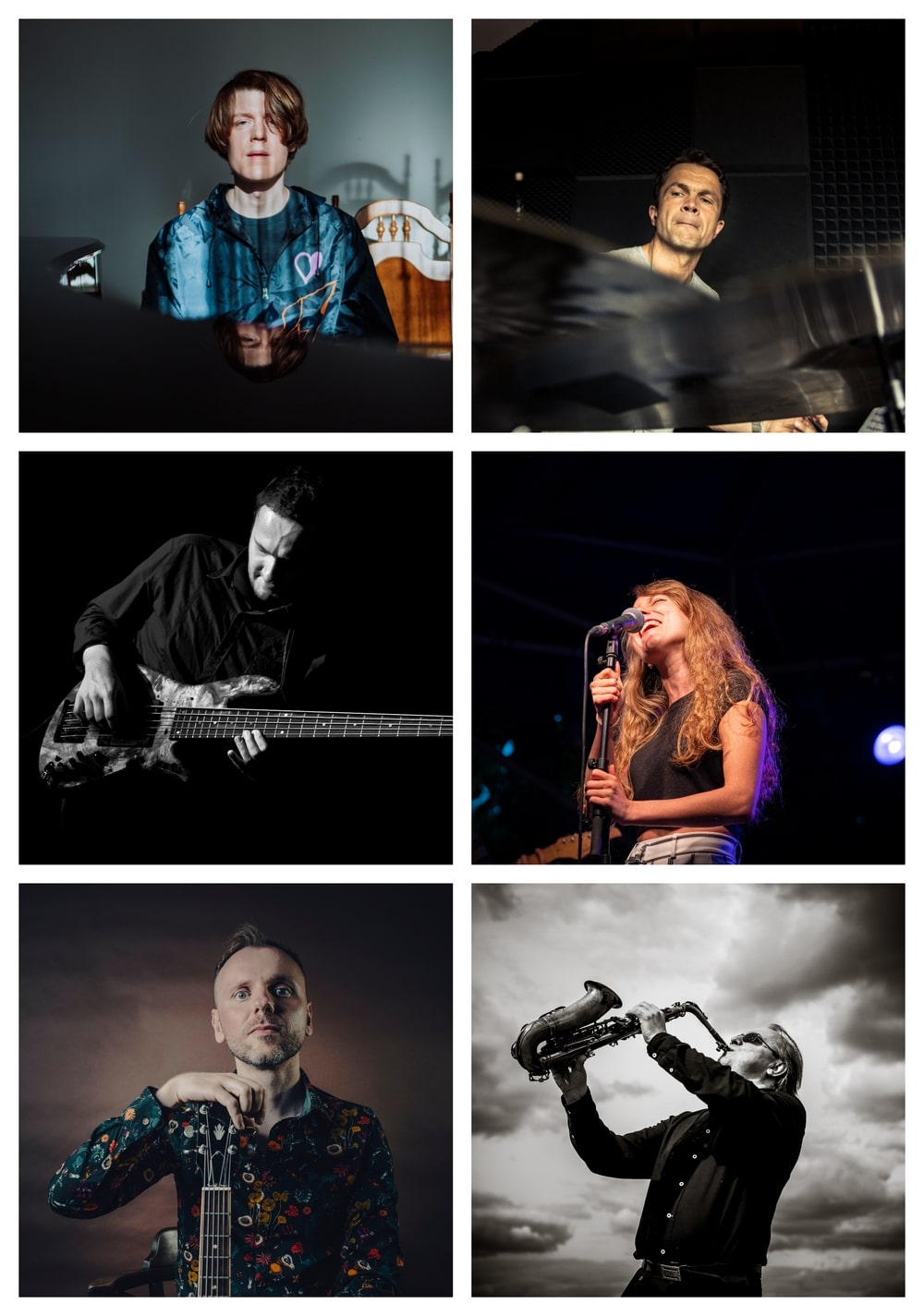 kolaż sześciu fotografii przedstawiających muzyków