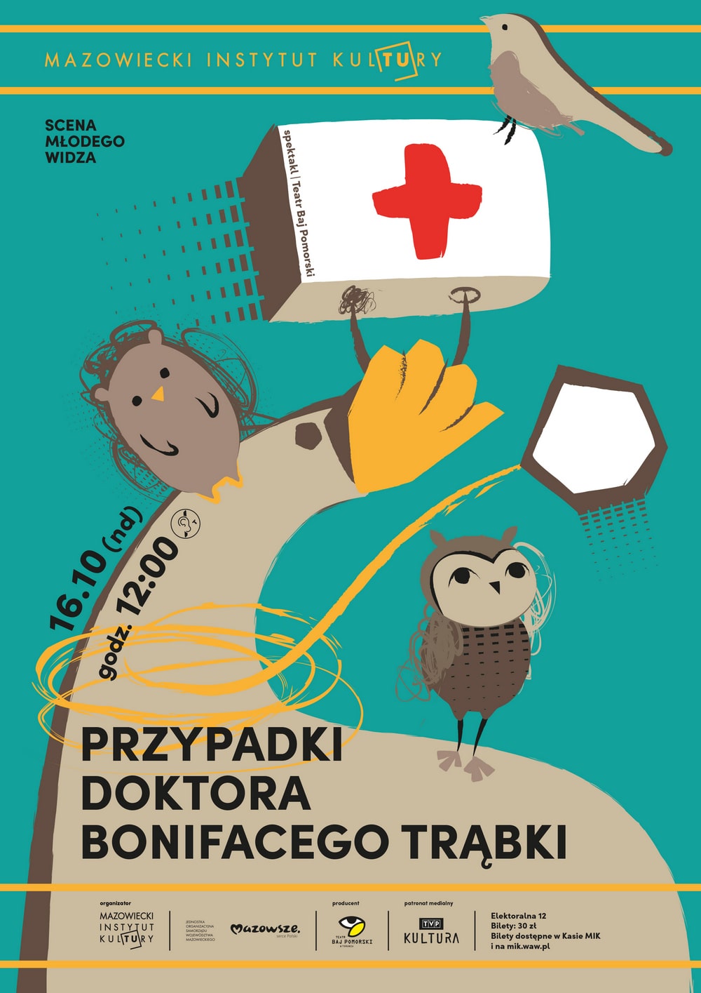 Projekt: Tomasz Grabowski (MIK) grafika: na zielonym tle rysunki myszy, sowy, ptaka i torby lekarskiej ze znakiem czerwonego krzyża
