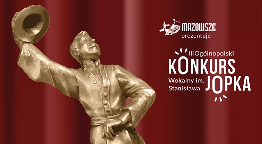 grafika: na czerwonym tle fragment figurki przedstawiającej mężczyznę z uniesioną ręką, w której trzyma kapelusz