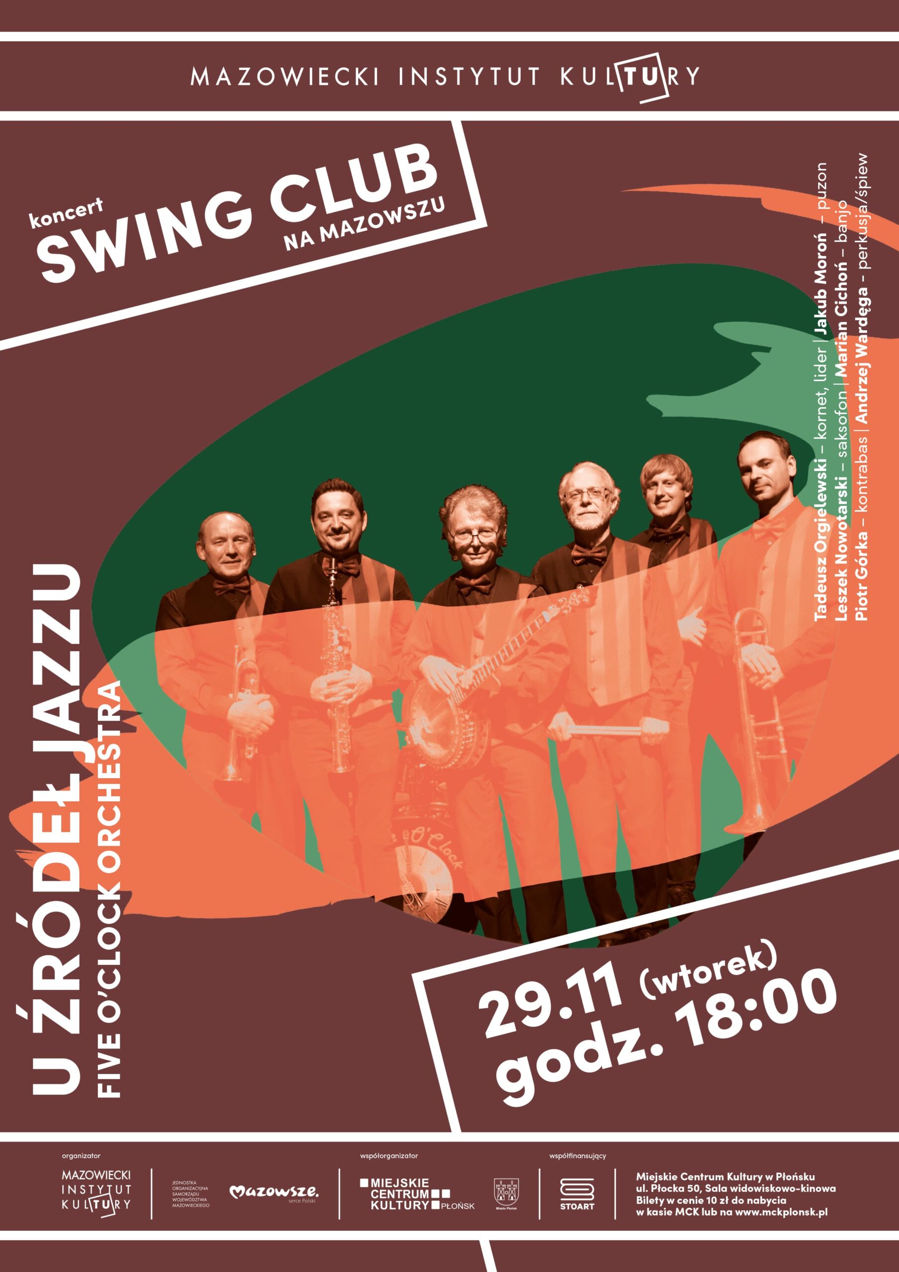 grafika: na brązowym tle monochromatyczna fotografia sześciu muzyków i napis swing club