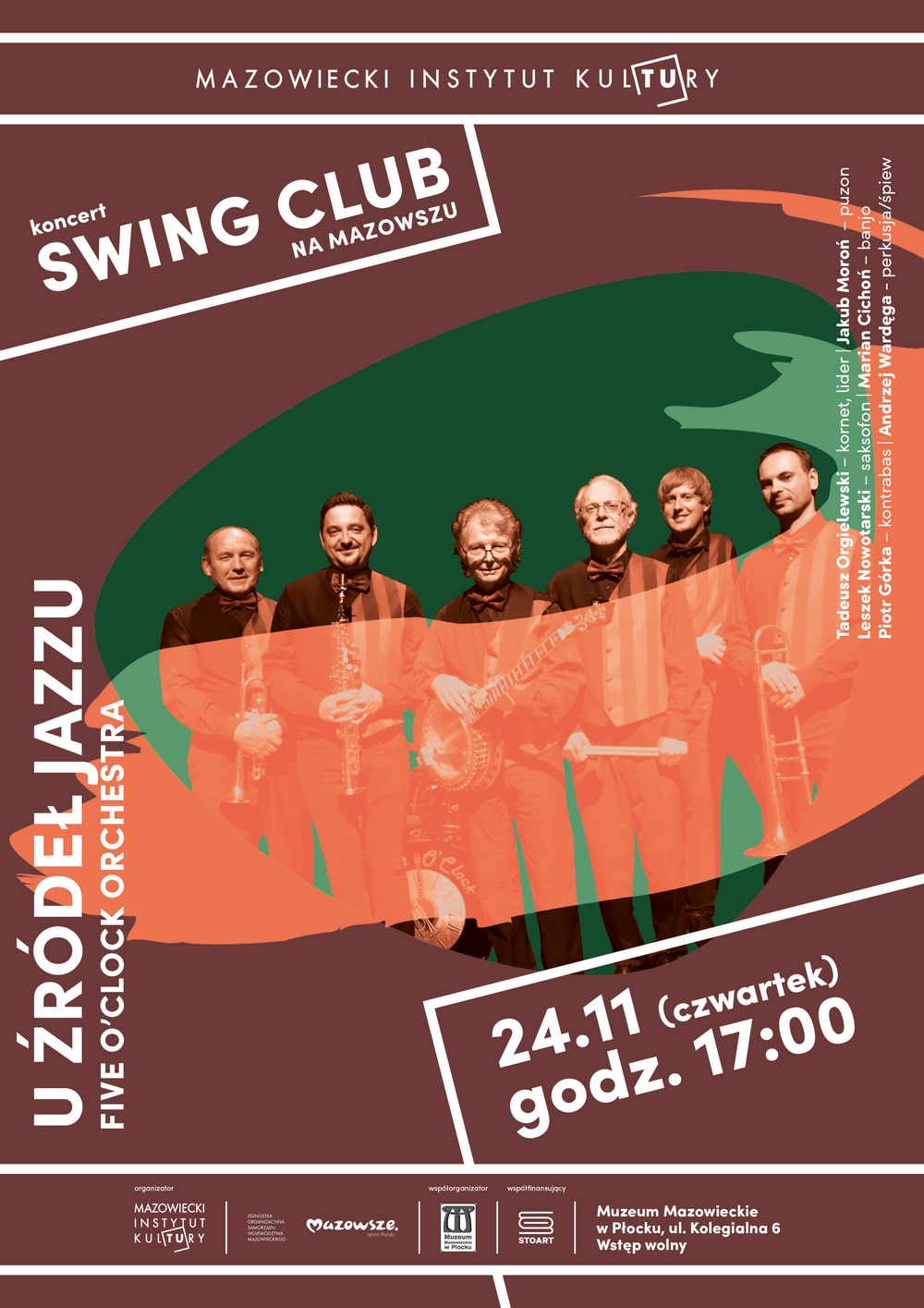 grafika: na brązowym tle monochromatyczna fotografia sześciu muzyków i napis swing club
