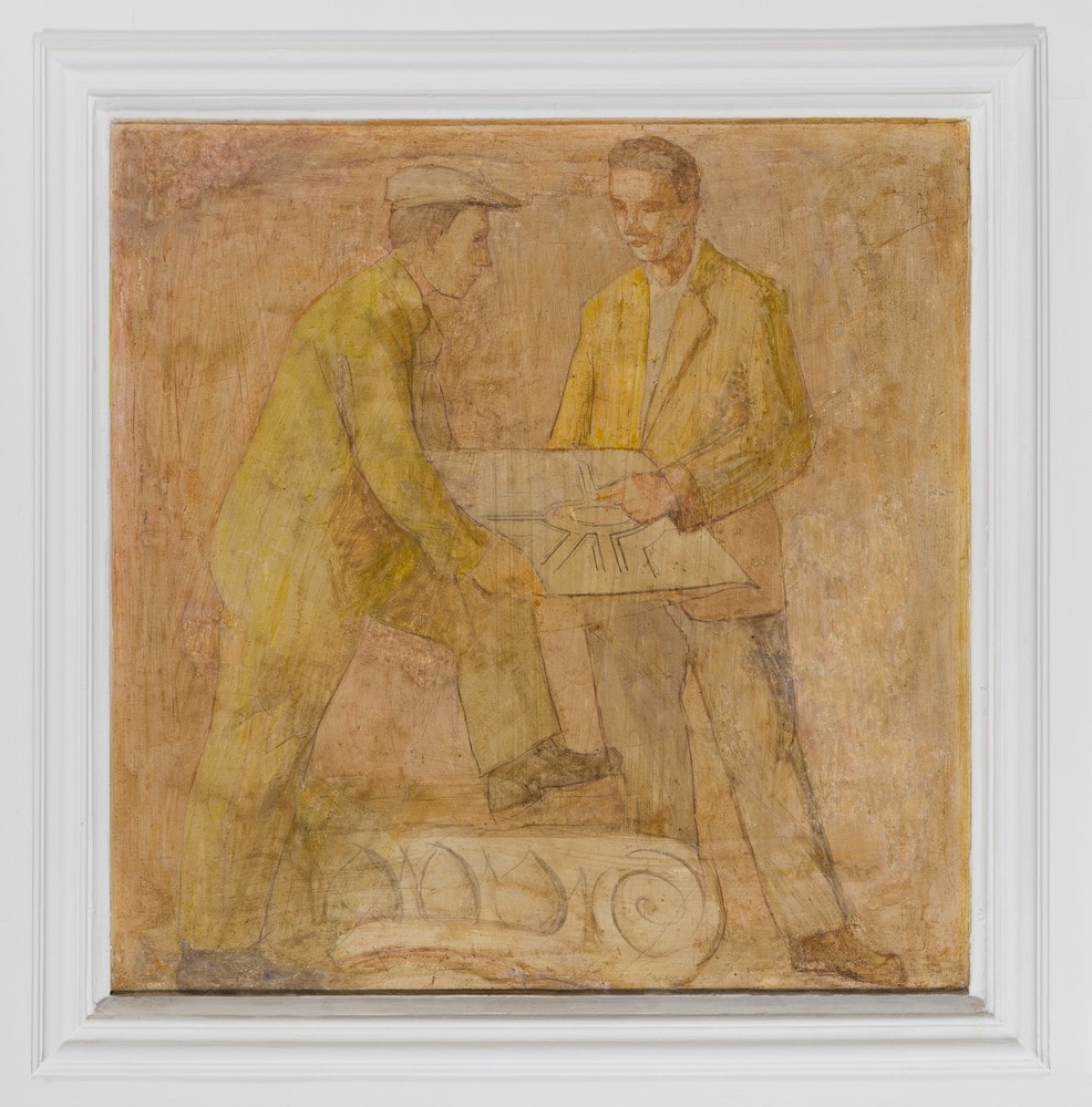 malunek ścienny po renowacji przedstawiający dwóch mężczyzn trzymających plan miasta
