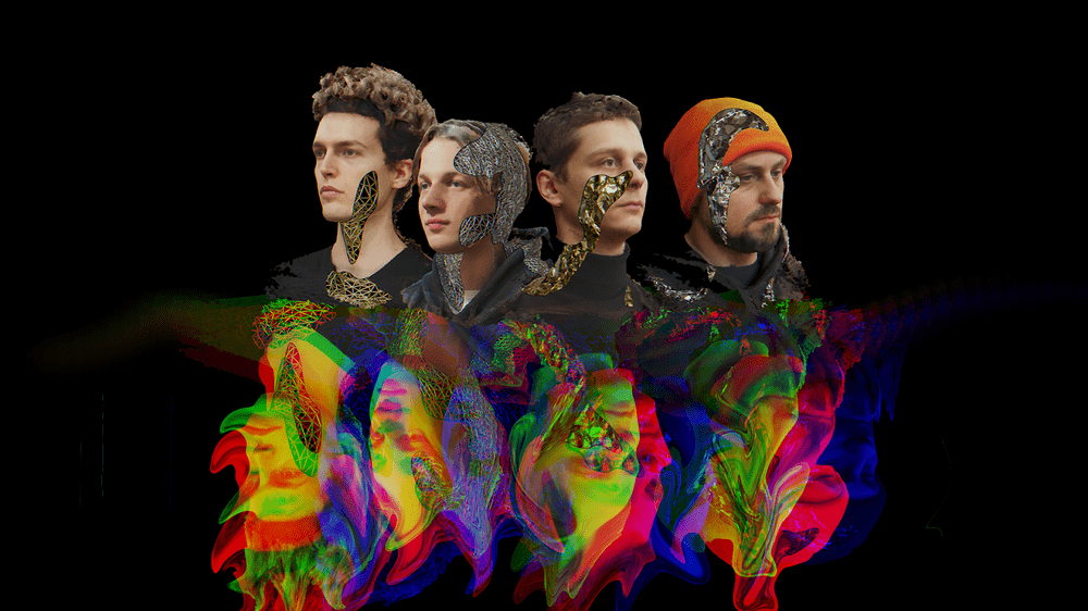 grafika: na ciemnym tle popiersia czterech mężczyzn, na ich twarzach błyszczące plamy naniesione techniką komputerową