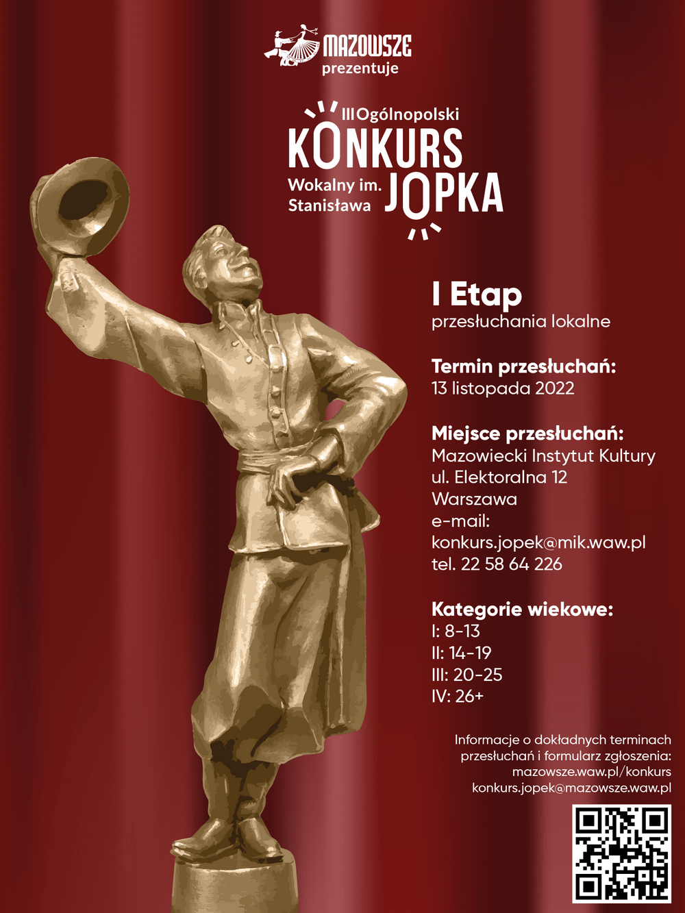 plakat: na czerwonym tle figurka mężczyzny z kapeluszem w ręku i napisy