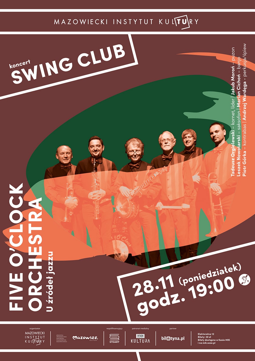 grafika: na brązowym tle monochromatyczna fotografia sześciu muzyków i napis swing club