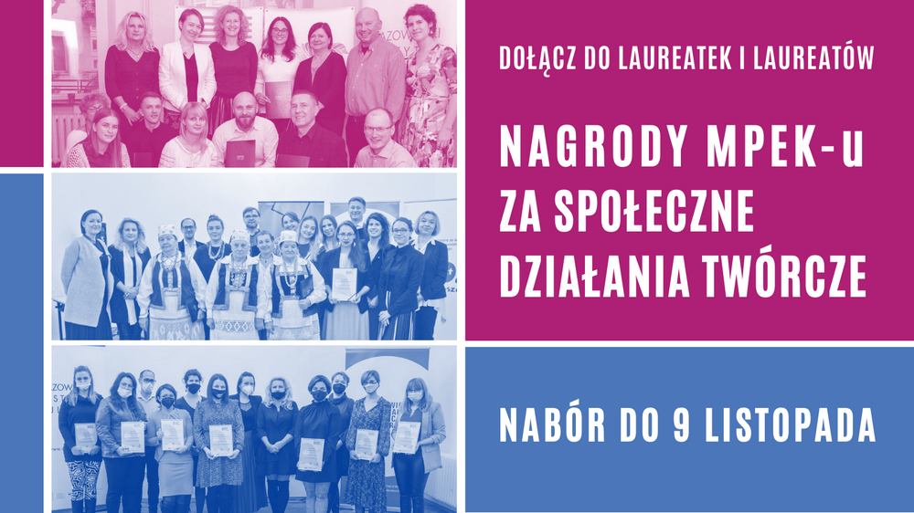 grafika czerwone i niebieskie pole z napisem nabór do 9 listopada oraz jednokolorowe zdjęcia grupy osób