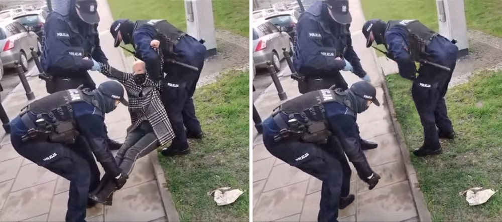 dwie fotografie - na pierwszej troje policjantów niesie człowieka za nogi oraz za ręce; na drugiej fotografii tak samo upozowani policjanci ale nie ma niesionego człowieka
