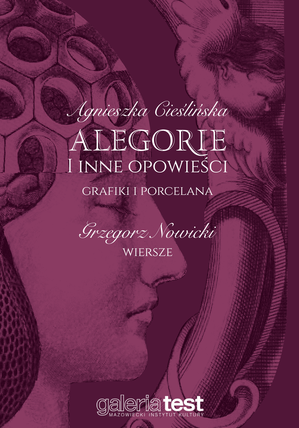 grafika - na fioletowym tle rysunek twarzy kobiety i napis alegorie i opowieści