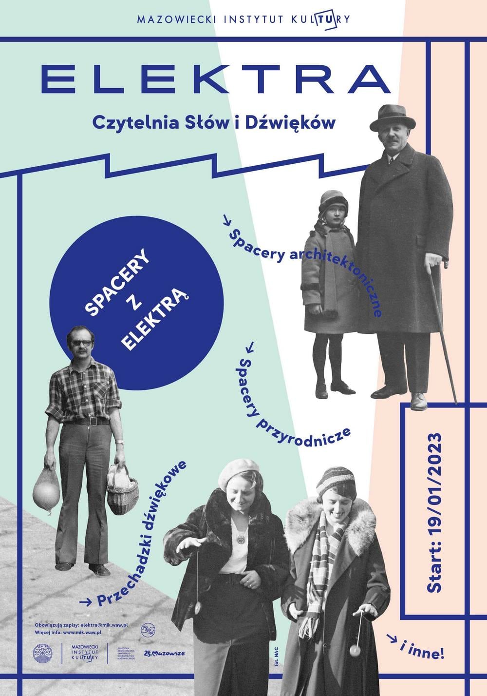 grafika - na seledynowym tle stare czarnobiałe fotografia przedstawiające mężczyznę z siatkami na zakupy, dwie kobiety oraz mężczyznę z dziewczynką